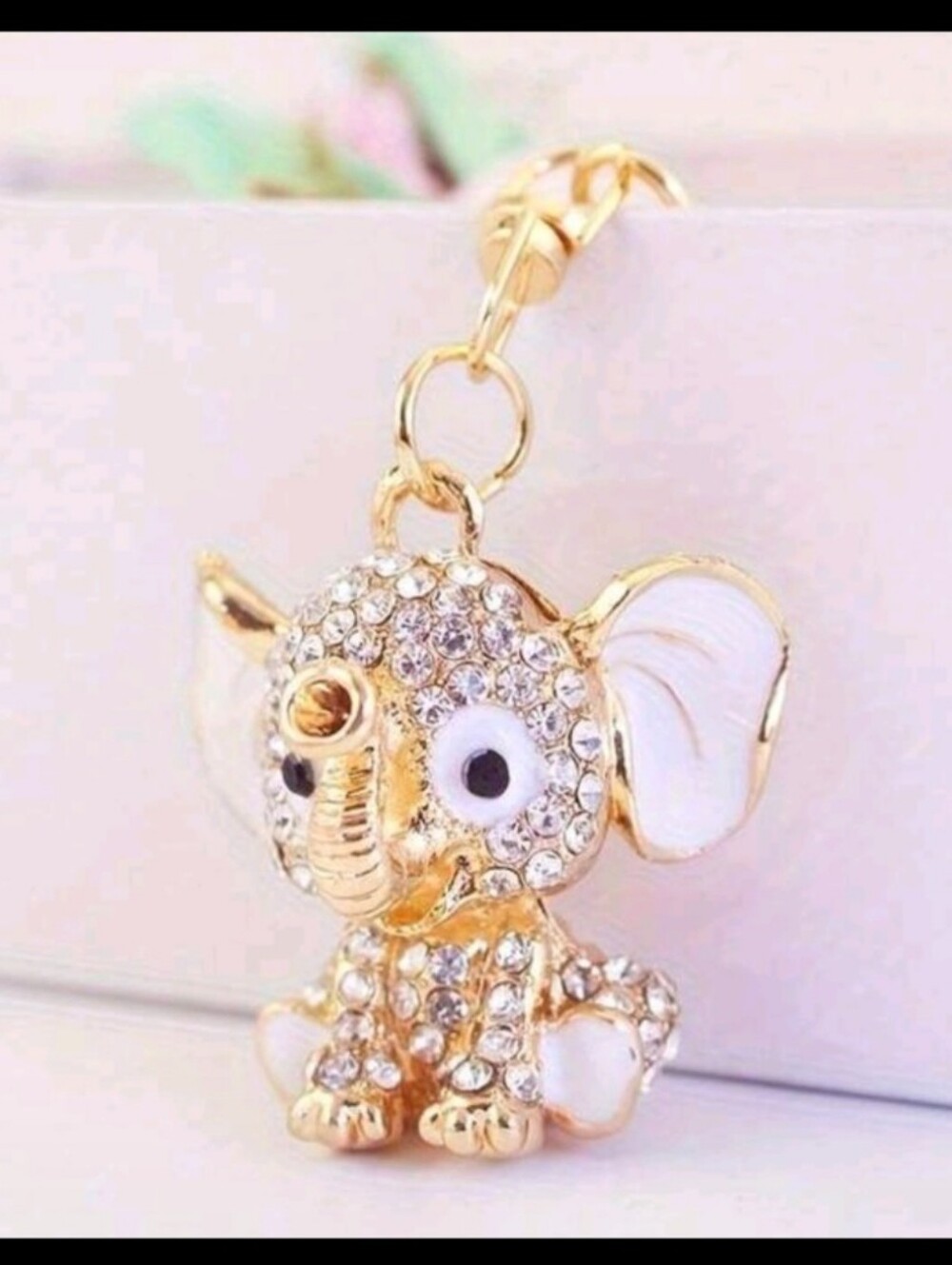 Gold Elephant Crystal Keychain Charm - White Accents